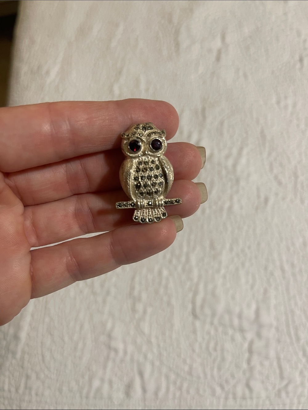 Sterling Silver .925 Perched Owl Pin with Garnet eyes Marcasite body- Vintage